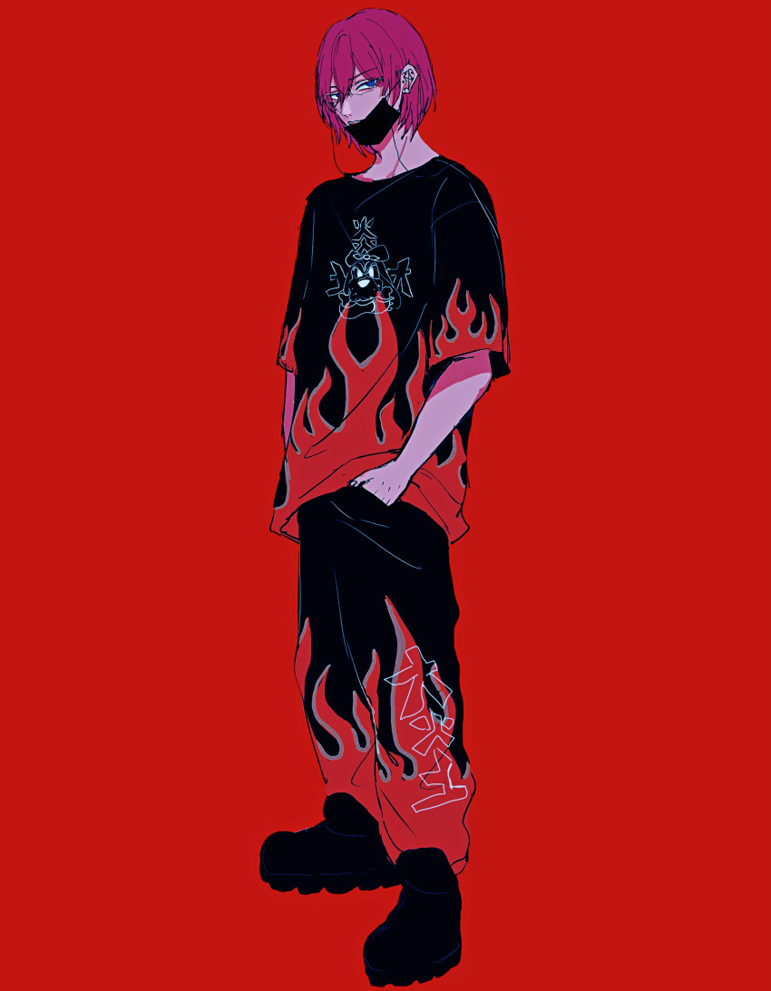 1boy, black_boots, black_pants, black_shirt, blue_eyes, boots, ear_piercing, earrings, ensemble_stars!, full_body, hands_in_pockets, highres, jewelry, looking_at_viewer, male_focus, mask, mouth_mask, multiple_earrings, nobushi_brrr, open_mouth, pants, piercing, pink_hair, red_background, saegusa_ibara, shirt, short_hair, solo, teeth