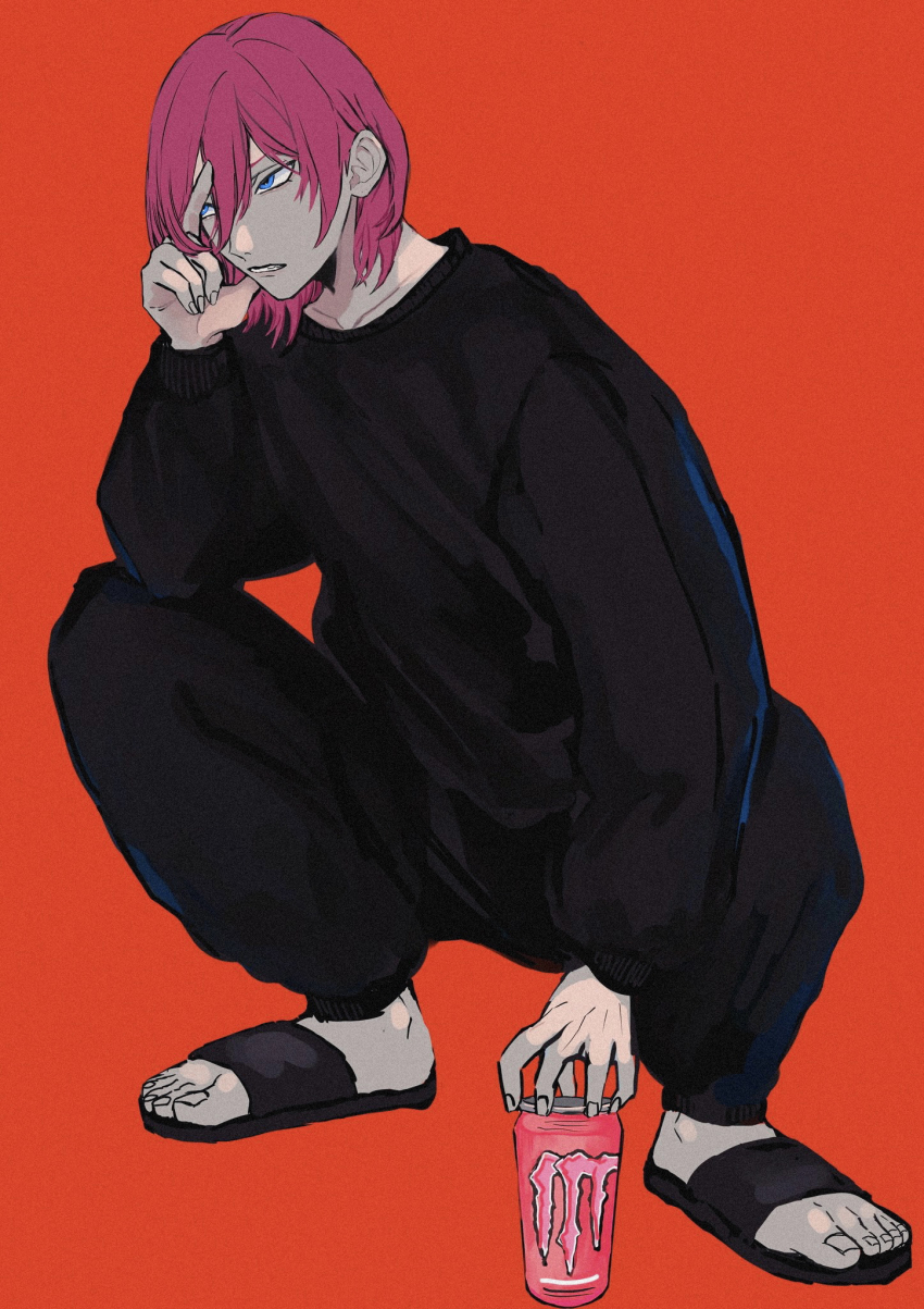 1boy, black_pants, black_sandals, black_shirt, blue_eyes, ensemble_stars!, highres, long_sleeves, looking_to_the_side, male_focus, monster_energy, nobushi_brrr, pants, pink_hair, red_background, saegusa_ibara, sandals, shirt, short_hair, solo, teeth, unhappy, unworn_eyewear
