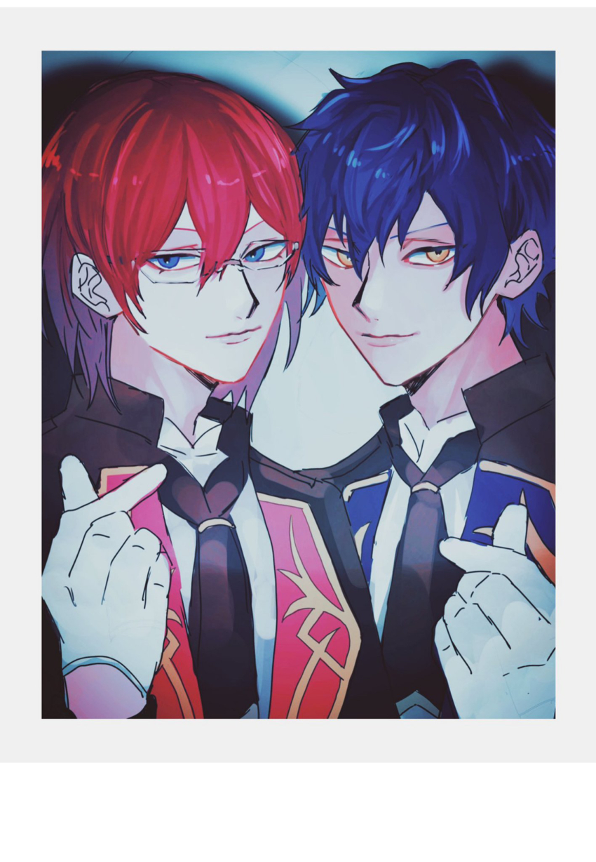2boys, black_jacket, black_necktie, blue_eyes, blue_hair, border, ensemble_stars!, finger_heart