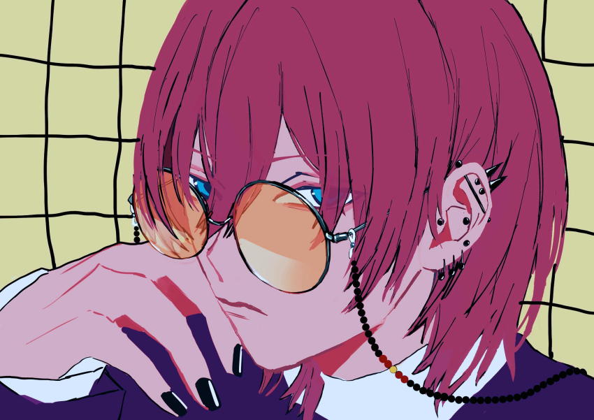 1boy, black_nails, blue_eyes, closed_mouth, ear_piercing, earrings, ensemble_stars!, glasses