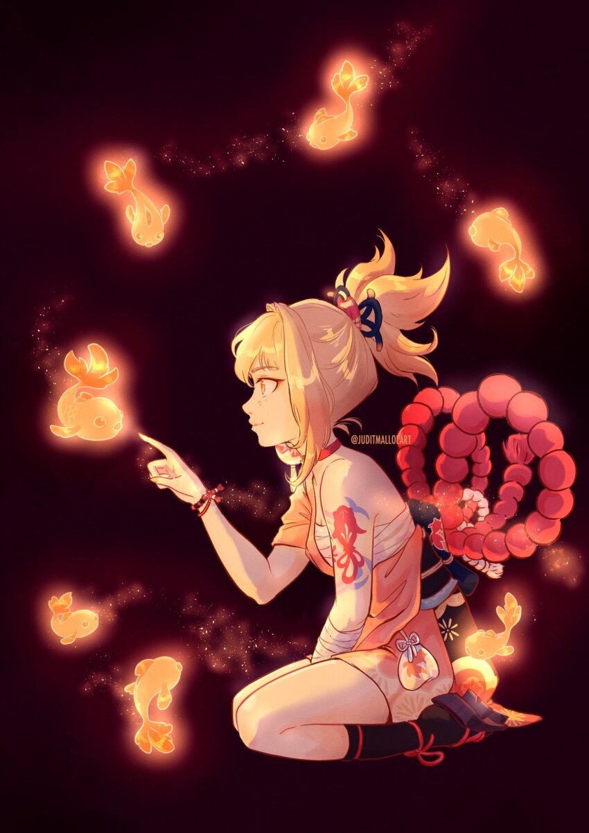 1girl, arm_tattoo, bandaged_arm, bandages, black_background, black_socks, blonde_hair, bracelet