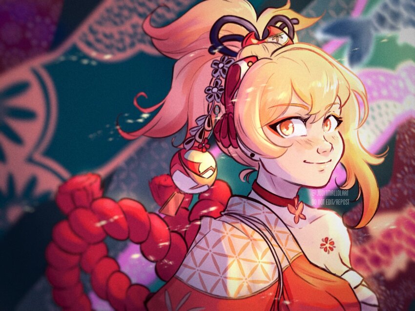 1girl, asymmetrical_hair, blonde_hair, breasts, chest_sarashi, choker, cleavage, commentary, earrings, english_commentary, flower_tattoo, genshin_impact, hadanugi_dousa, highres, instagram_username, japanese_clothes, jewelry, judit_mallol, kimono, medium_breasts, open_clothes, open_kimono, orange_eyes, orange_kimono, ponytail, red_choker, sarashi, smile, solo, tattoo, upper_body, watermark, yoimiya_(genshin_impact)