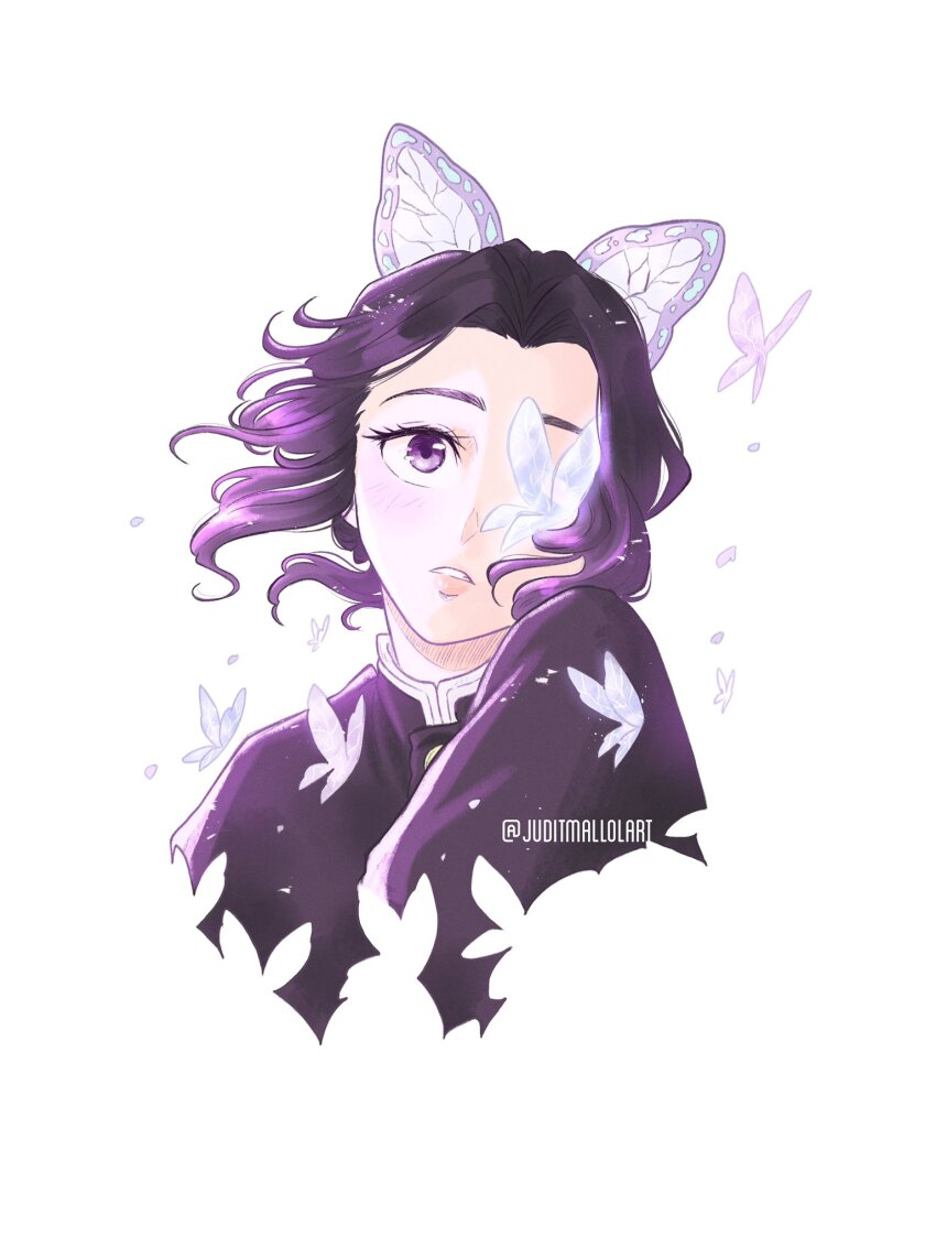 1girl, bug, butterfly, butterfly_hair_ornament, commentary_request, cropped_torso, demon_slayer_uniform, hair_ornament