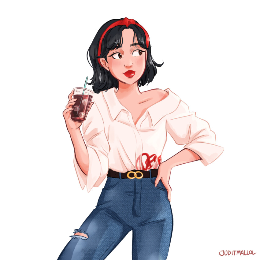 1girl, absurdres, artist_name, belt, black_hair, brown_belt, brown_eyes, commentary, commission, contrapposto, cup, denim, disposable_cup, english_commentary, hairband, hand_on_own_hip, high-waist_pants, highres, holding, holding_cup, ice, ice_cube, jeans, judit_mallol, lipstick, looking_to_the_side, makeup, medium_hair, off_shoulder, original, pants, red_hairband, red_lips, shirt, signature, sleeves_rolled_up, solo, torn_clothes, torn_pants, white_shirt
