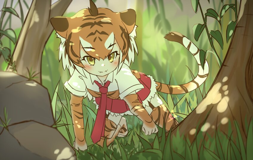 absurdres, all_fours, animal_ears, animal_print, black_hair, blush, elbow_gloves, fangs