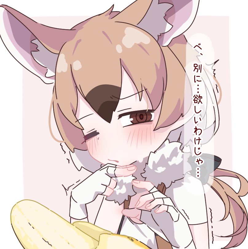 1girl, animal_ear_fluff, animal_ears, banana, blush, brown_eyes, brown_hair, extra_ears, fingerless_gloves, fingernails, food, fruit, gambian_rat_(kemono_friends), gloves, half-closed_eye, hand_on_own_chin, hands_up, kemono_friends, light_brown_hair, long_hair, looking_at_food, looking_at_object, low_ponytail, mouse_ears, multicolored_hair, one_eye_closed, parted_bangs, parted_lips, ponytail, raised_eyebrow, ringed_eyes, sarutori, sexually_suggestive, shirt, short_sleeves, solo, translation_request, trembling, upper_body, vest, white_hair