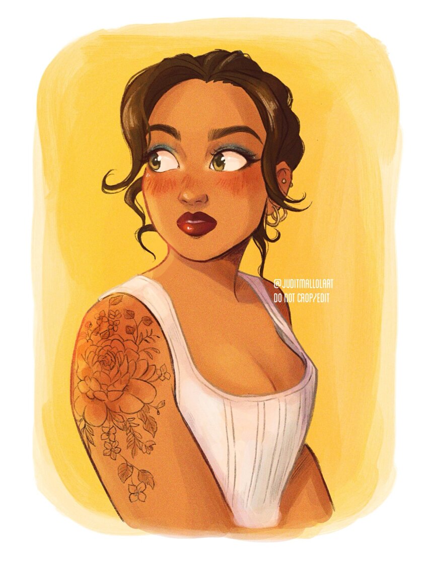 1girl, arm_tattoo, borrowed_character, breasts, brown_eyes, brown_hair, cleavage, commentary