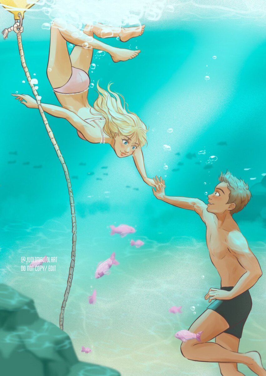1boy, 1girl, air_bubble, bikini, black_male_swimwear, black_swim_trunks, blonde_hair, blue_eyes