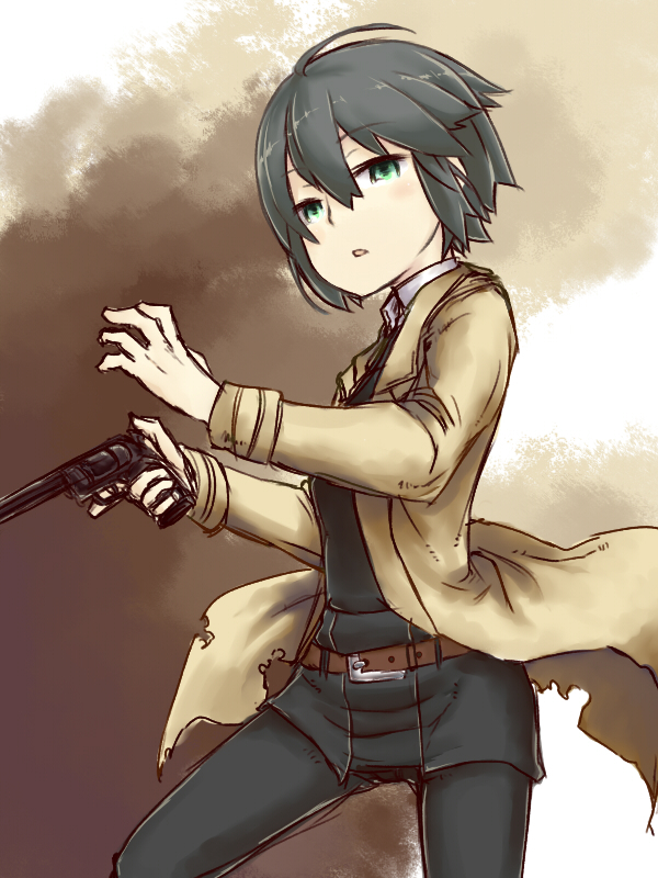 00s, 1girl, ahoge, androgynous, belt, black_hair, coat, female_focus