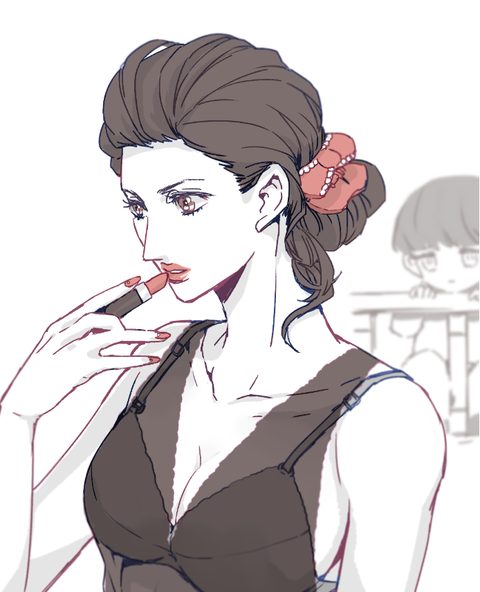 1boy, 1girl, aged_down, alternate_hairstyle, applying_makeup, bra, breasts, brown_eyes, brown_hair, cleavage, collarbone, cosmetics, dress, giorno's_mother, giorno_giovanna, haruno_shiobana, holding, holding_lipstick_tube, itokichi, jojo_no_kimyou_na_bouken, lipstick_tube, medium_breasts, mother_and_child, mother_and_son, parent_and_child, parted_lips, pink_lips, pink_nails, see-through_clothes, see-through_dress, underwear, vento_aureo