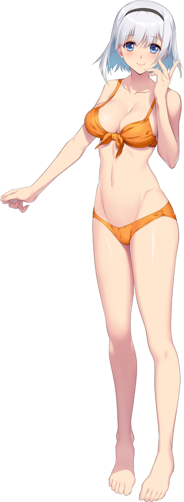 1girl, barefoot, bikini, blue_eyes, breasts, front-tie_bikini_top, front-tie_top, full_body, hairband, looking_at_viewer, medium_breasts, medium_hair, non-web_source, official_art, orange_bikini, photoshop_(medium), saimin_datsujo_4, smile, solo, standing, swimsuit, tachi-e, tennouji_karen, transparent_background, white_hair, yoshino_keiko