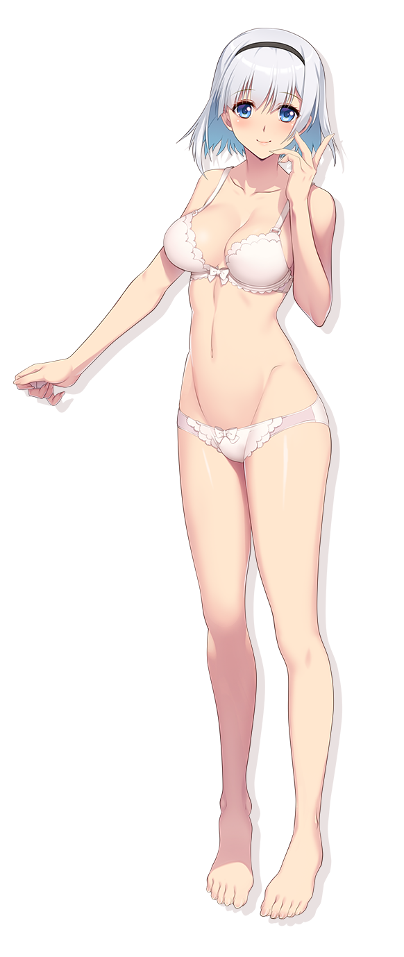 1girl, barefoot, blue_eyes, bow, bow_bra, bow_panties, bra, breasts, drop_shadow, full_body, hairband, highres, looking_at_viewer, medium_breasts, medium_hair, navel, non-web_source, official_art, panties, photoshop_(medium), saimin_datsujo_4, smile, solo, star_(symbol), tachi-e, tennouji_karen, transparent_background, underwear, underwear_only, white_bra, white_hair, white_panties, yoshino_keiko