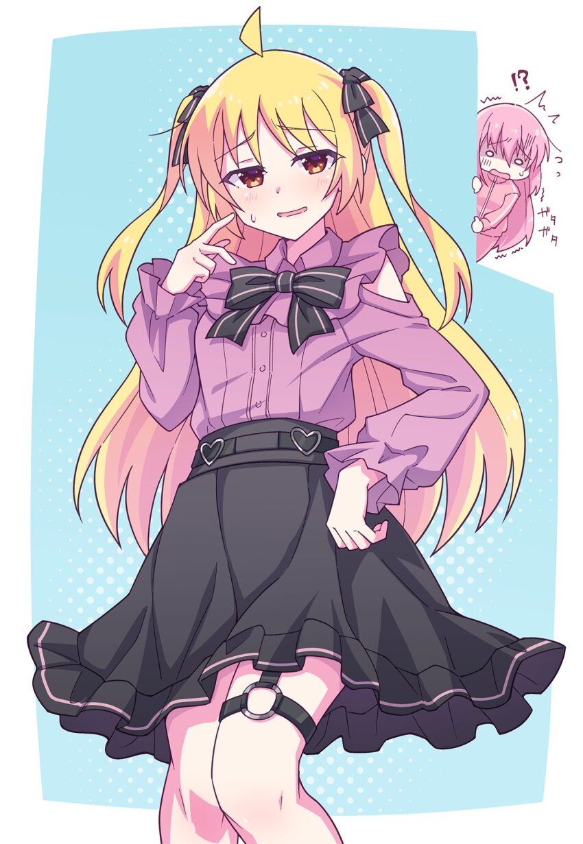 !?, 2girls, ahoge, belt, black_belt, black_bow, black_skirt, blonde_hair
