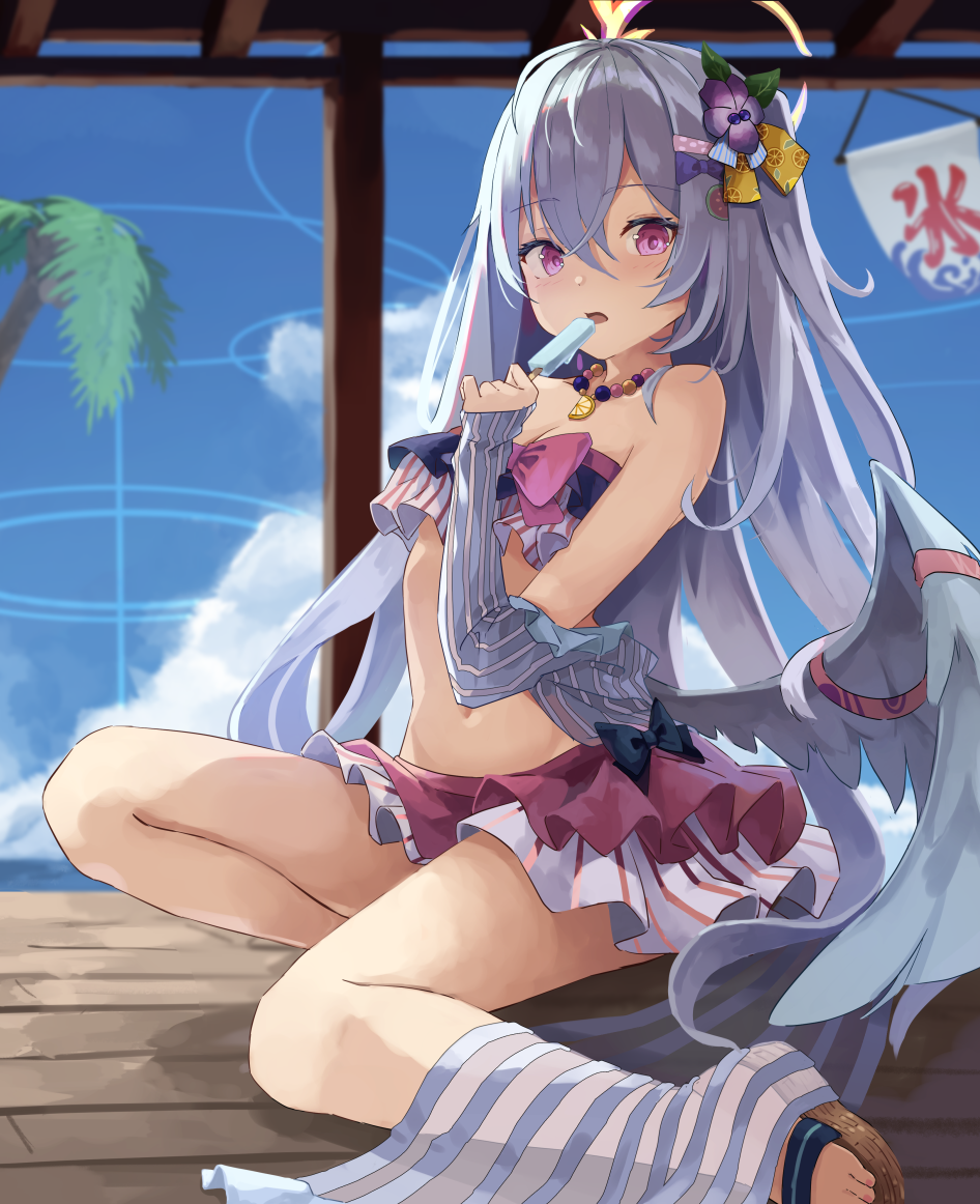 2girls, angel_wings, azusa_(blue_archive), azusa_(swimsuit)_(blue_archive), bare_shoulders, bead_necklace, beads, bikini