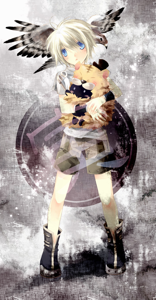 1boy, animal, bird, black_footwear, blonde_hair, blue_eyes, blush, boots, brown_shorts, closed_mouth, commentary_request, expressionless, falcon, full_body, grey_background, hair_between_eyes, holding, holding_animal, hunter_(ragnarok_online), jing_guai, long_bangs, looking_at_viewer, male_focus, ragnarok_online, shirt, short_hair, short_sleeves, shorts, standing, takamura_ryou, white_shirt, wristband