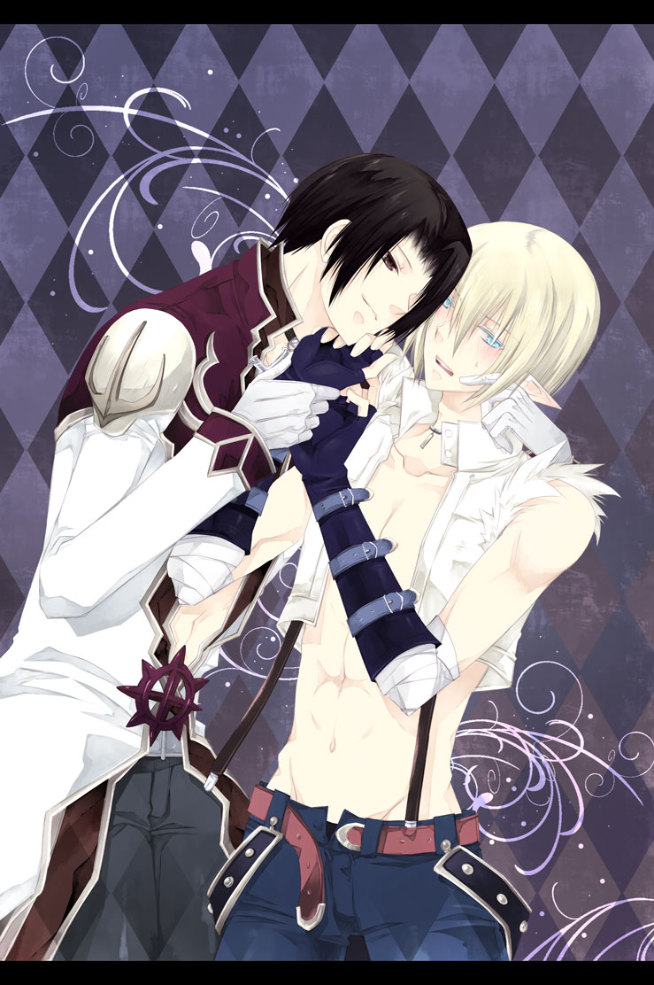2boys, belt, bishounen, black_gloves, black_hair, black_pants, blonde_hair, blue_eyes