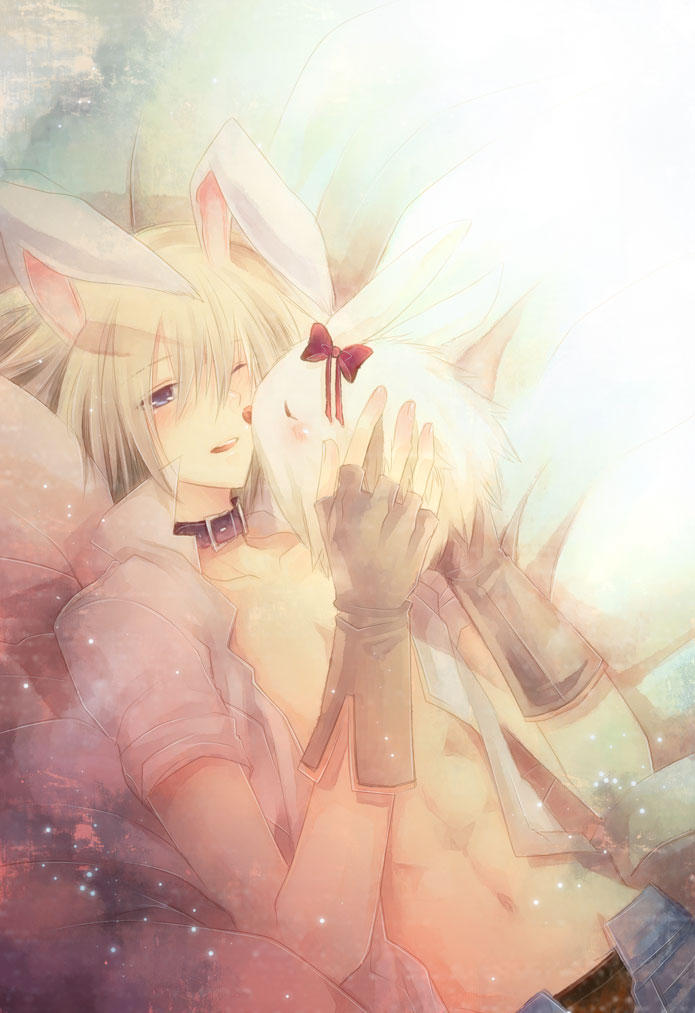 1boy, animal_ears, belt, belt_collar, blacksmith_(ragnarok_online), blonde_hair, blue_eyes, blue_pants
