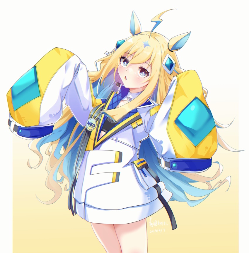 1girl, ahoge, animal_ears, arm_up, badge, blonde_hair, blue_eyes, blush