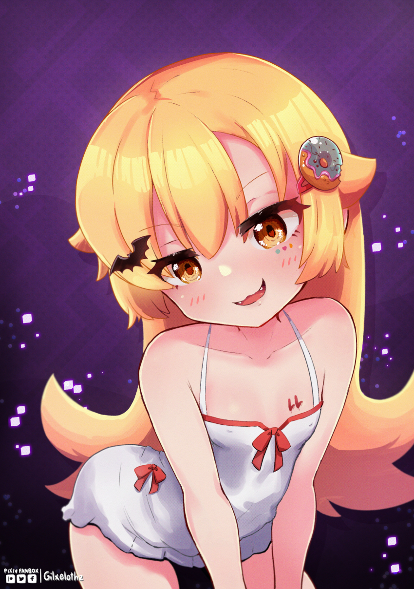 1girl, :3, absurdres, bat_hair_ornament, blonde_hair, blush, breasts, brown_eyes, covered_erect_nipples, donut_hair_ornament, dress, fangs, female_focus, food-themed_hair_ornament, gilxelothz43, hair_ornament, highres, leaning_forward, loli, long_hair, looking_at_viewer, monogatari_(series), open_mouth, oshino_shinobu, petite, small_breasts, smile, smug, solo