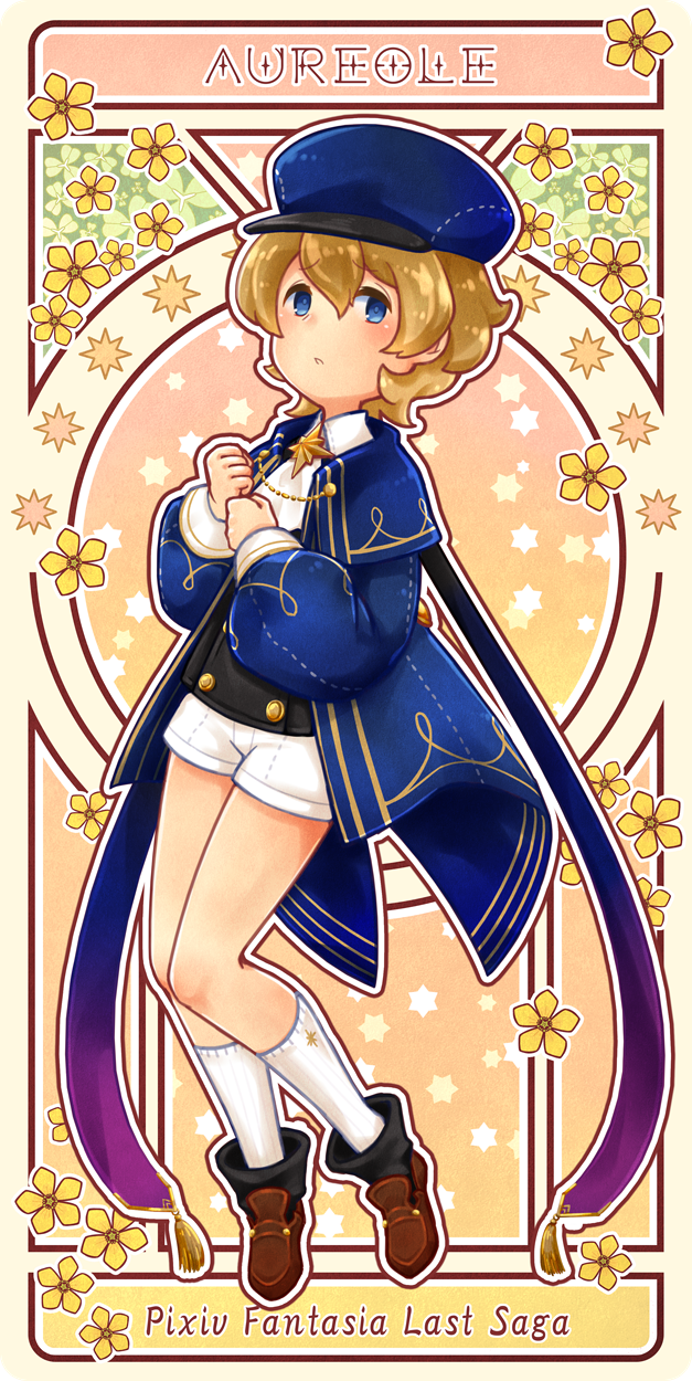 1boy, ascot, aureole_(pixiv_fantasia_last_saga), blue_eyes, blue_hat, blush, brown_footwear, character_name, copyright_name, emisuke_109, flower, full_body, gold_trim, hair_between_eyes, hat, highres, juliet_sleeves, light_brown_hair, long_sleeves, male_focus, medium_hair, pixiv_fantasia, pixiv_fantasia_last_saga, puffy_sleeves, short_hair, shorts, socks, solo, standing, tassel, white_ascot, white_shorts, white_socks