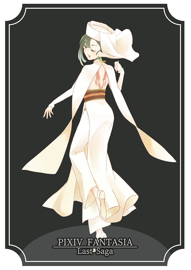 1girl, closed_eyes, copyright_name, dancing, dress, earrings, emisuke_109, full_body