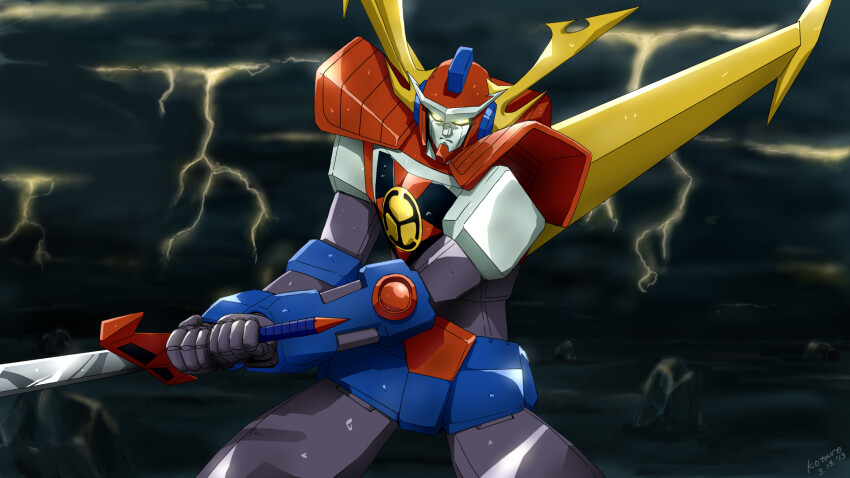 artist_name, daiooja, dated, electricity, glowing, glowing_eyes, highres, holding, holding_sword, holding_weapon, koutarou1014, lightning, mecha, mito_koumon, no_humans, robot, saikyou_robo_daiooja, standing, super_robot_wars, sword, weapon