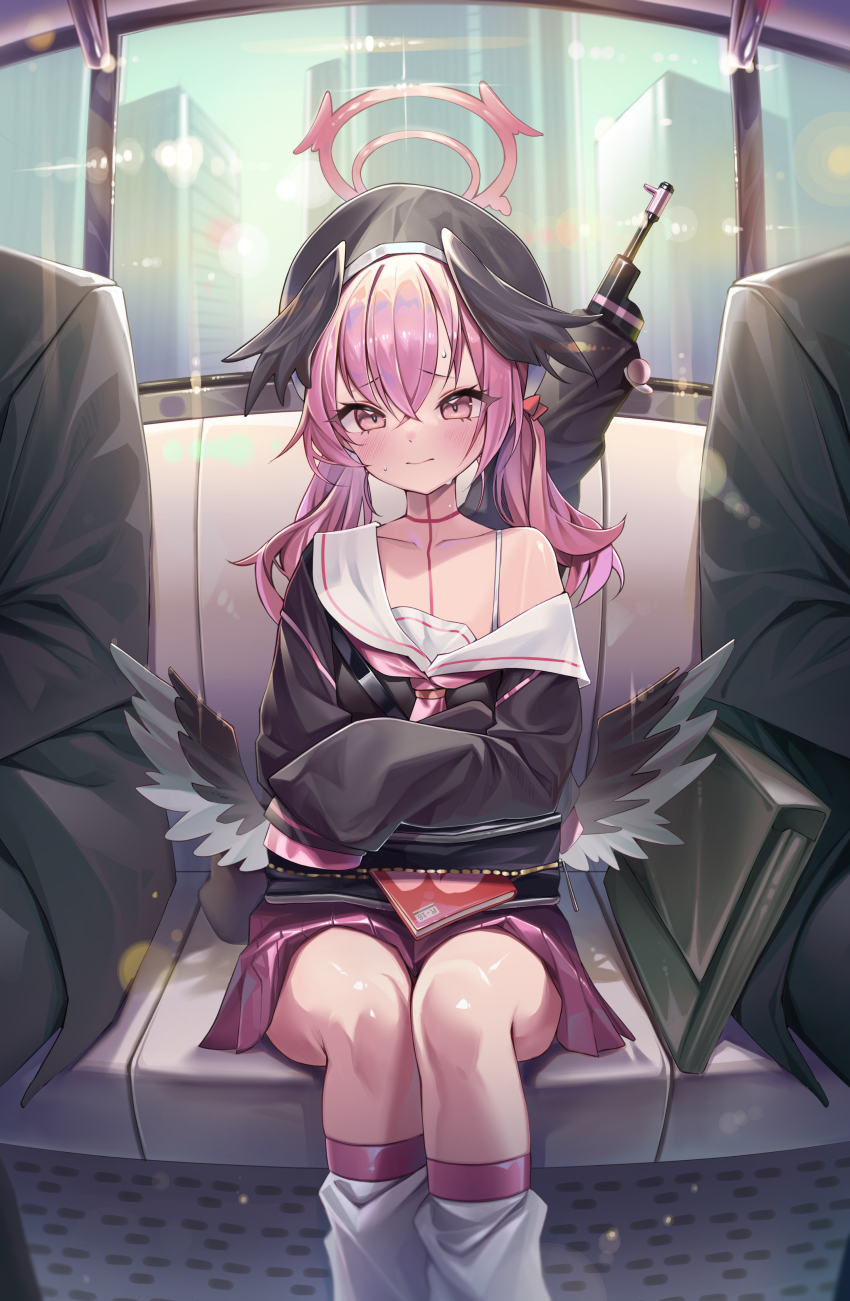 1girl, 2others, absurdres, bag, bag_on_lap, black_bag, black_serafuku, black_shirt