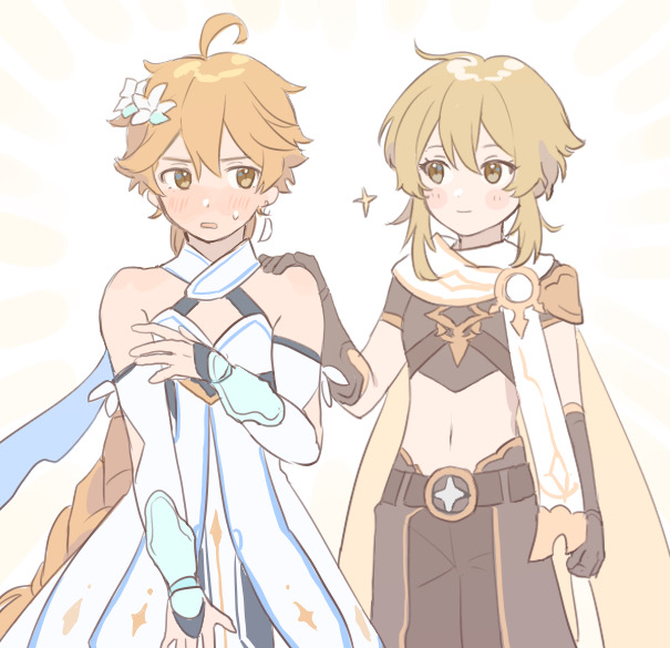 1boy, 1girl, aether_(genshin_impact), aether_(genshin_impact)_(cosplay), ahoge, arisuke_(natuyan), arm_armor, baggy_pants