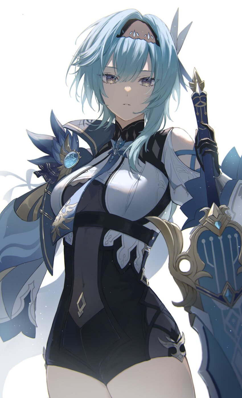 1girl, black_bodysuit, black_hairband, blue_hair, blue_necktie, bodysuit, commentary, covered_navel