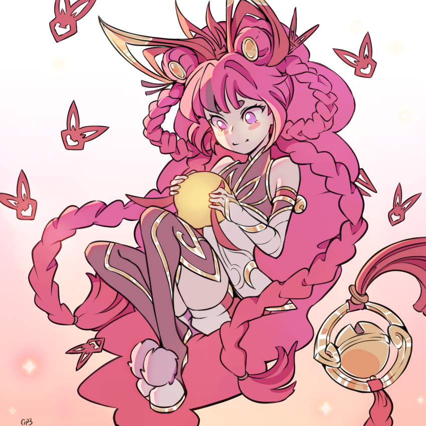 1girl, bare_shoulders, blue_eyes, blush_stickers, boots, braid, brown_boots, brown_shirt, closed_mouth, detached_sleeves, gatopescado3, gradient_background, hair_ornament, highres, holding, knees_up, league_of_legends, long_hair, long_sleeves, multicolored_shorts, mythmaker_zoe, official_alternate_costume, pink_shorts, red_hair, red_shorts, shirt, shorts, smile, solo, thigh_boots, twin_braids, white_shirt, white_shorts, zoe_(league_of_legends)