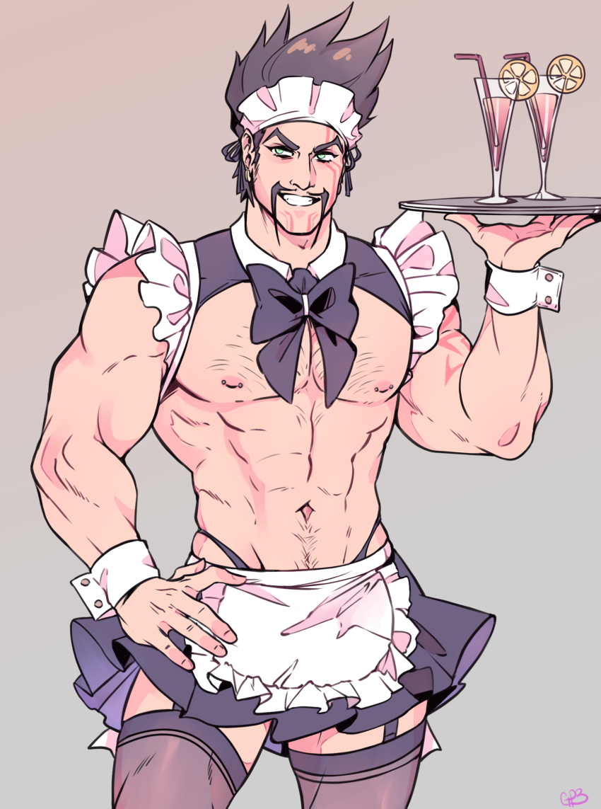 1boy, alternate_costume, apron, bara, bare_arms, bare_shoulders, black_bow, black_bowtie
