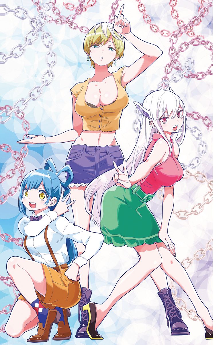 3girls, :o, arm_up, armpits, azuma_himari_(mato_seihei_no_slave), blue_hair, blush, bra, bra_peek, breasts, chain, cleavage, female_focus, full_body, green_eyes, hand_up, high_heels, highres, index_finger_raised, izumo_tenka, knees_together_feet_apart, large_breasts, leaning_forward, legs, light_blush, light_purple_hair, long_hair, looking_at_viewer, mato_seihei_no_slave, midriff, multicolored_hair, multiple_girls, navel, official_art, open_mouth, parted_lips, red_eyes, shoes, short_hair, shorts, simple_background, skirt, smile, squatting, standing, suspender_shorts, suspenders, takemura_youhei, teeth, thighs, two-tone_hair, underwear, upper_teeth_only, uzen_kyouka, v, yellow_eyes