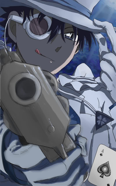1boy, ace_(playing_card), adjusting_clothes, adjusting_headwear, aiming, aiming_at_viewer, bad_id, bad_pixiv_id, blue_eyes, blue_shirt, brown_hair, cape, card, daken_(damedog), floating_card, formal_clothes, gloves, gun, hand_on_headwear, hat, kaitou_kid, kuroba_kaito, looking_at_viewer, male_focus, meitantei_conan, monocle, monocle_chain, playing_card, shirt, short_hair, smile, solo, suit, tongue, top_hat, weapon, white_gloves, white_suit