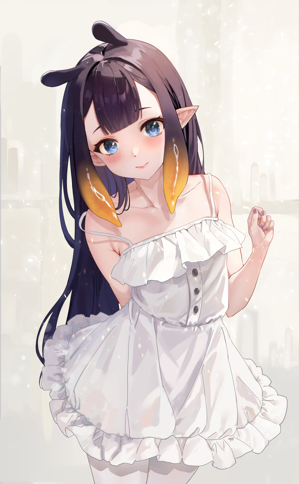 1girl, arm_behind_back, bare_arms, bare_shoulders, blue_eyes, blunt_bangs, blush, closed_mouth