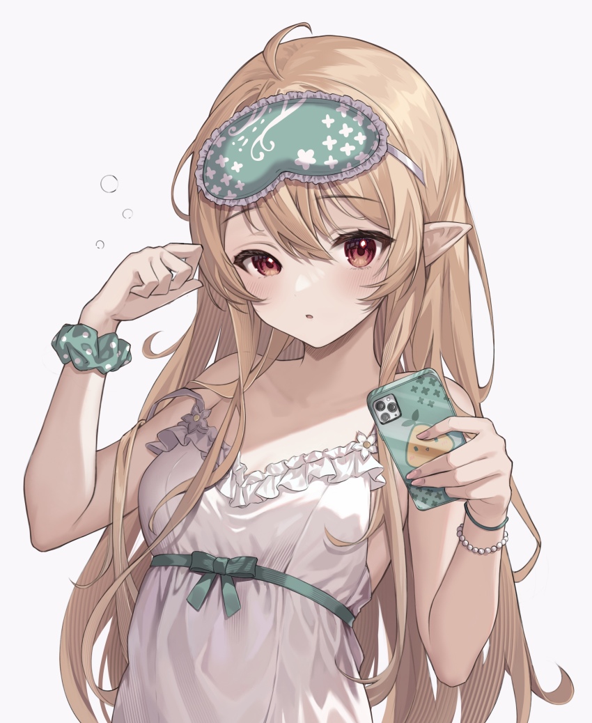 1girl, absurdres, ahoge, alternate_costume, bead_bracelet, beads, blonde_hair, bracelet