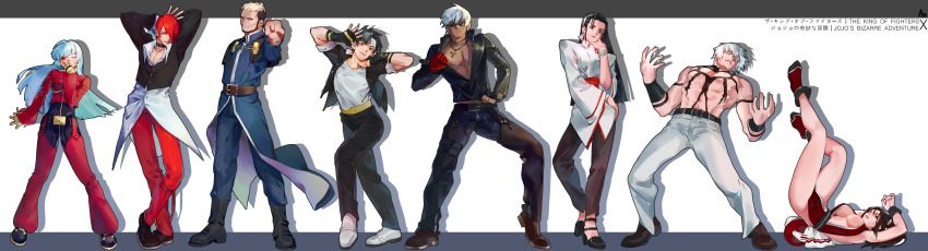 3girls, 5boys, absurdres, belt, black_hair, blonde_hair, blue_hair, bodysuit, brown_hair, cape, chaps, chest_tattoo, dark-skinned_male, dark_skin, dio_brando's_pose, fingerless_gloves, gakuran, giorno_giovanna's_pose, gloves, goenitz, hair_over_one_eye, hairband, headband, higashikata_josuke's_pose, highres, jacket, japanese_clothes, johnny_joestar's_pose, jojo_no_kimyou_na_bouken, jojo_pose, jonathan_joestar's_pose, joseph_joestar's_pose, k'_(kof), kagura_chizuru, kujo_jolyne's_pose, kujo_jotaro's_pose, kula_diamond, kusanagi_kyou, leather, leather_jacket, leather_pants, long_hair, morikiri, multicolored_hair, multiple_boys, multiple_girls, ninja, orochi_(kof), pants, pectorals, pelvic_curtain, red_gloves, red_hair, revealing_clothes, school_uniform, shiranui_mai, sunglasses, tattoo, the_king_of_fighters, topless_male, two-tone_hair, white_hair, white_hairband, white_headband, yagami_iori