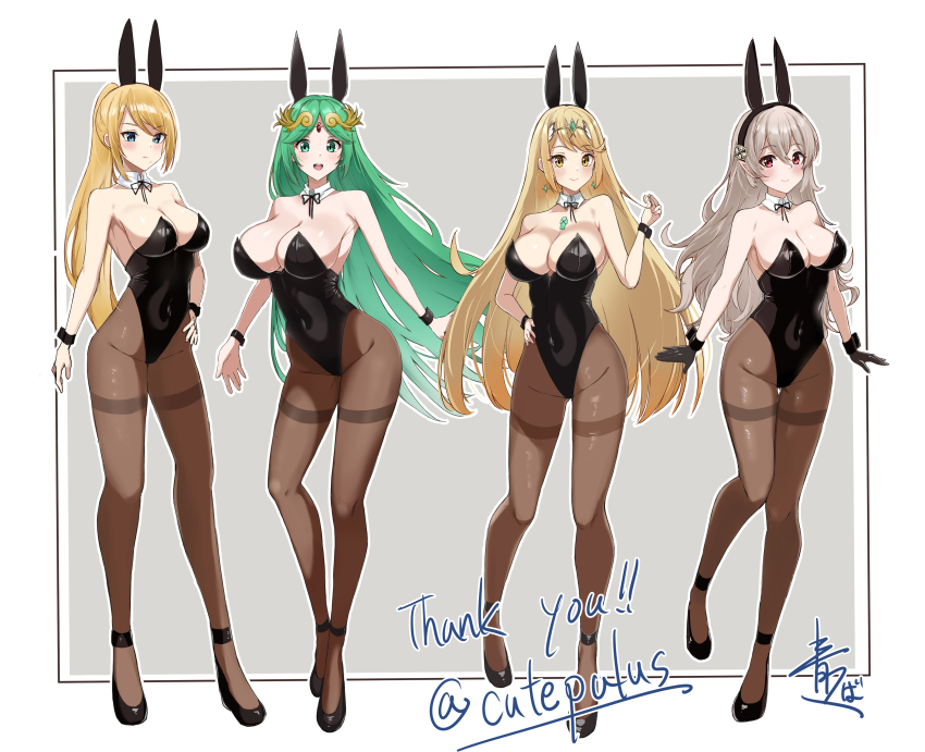 4girls, :d, absurdres, aotsuba, asymmetrical_bangs, bare_shoulders, black_footwear, black_gloves, black_hairband, black_leotard, blonde_hair, blue_eyes, blush, breasts, brown_pantyhose, chinese_zodiac, cleavage, commission, commissioner_upload, covered_navel, crossover, detached_collar, earrings, english_text, female_corrin_(fire_emblem), female_focus, fire_emblem, fire_emblem_fates, floating_earrings, full_body, gloves, gluteal_fold, green_eyes, green_hair, grey_hair, hair_between_eyes, hairband, hand_on_own_hip, high_heels, highleg, highleg_leotard, highres, jewelry, kid_icarus, kid_icarus_uprising, large_breasts, leotard, lineup, long_hair, long_pointy_ears, looking_at_viewer, matching_hair/eyes, metroid, mole, mole_under_mouth, multiple_crossover, multiple_girls, mythra_(xenoblade), nintendo, open_mouth, palutena, pantyhose, parted_bangs, playboy_bunny, pointy_ears, ponytail, red_eyes, ribbon_tie, samus_aran, signature, skeb_commission, smile, standing, strapless, strapless_leotard, super_smash_bros., swept_bangs, thigh_gap, thighband_pantyhose, tiara, twitter_username, very_long_hair, wide_hips, wrist_cuffs, xenoblade_chronicles_(series), xenoblade_chronicles_2, year_of_the_rabbit, yellow_eyes