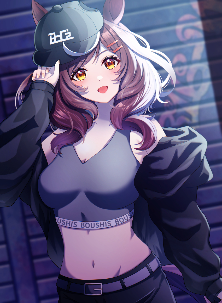 1girl, :d, absurdres, animal_ears, bare_shoulders, black_hat, black_jacket, black_pants, blush, breasts, brown_hair, cleavage, collarbone, commentary, cowboy_shot, grey_sports_bra, groin, hair_ornament, hairclip, hand_up, hat, highres, holding, holding_unworn_clothes, holding_unworn_hat, horse_ears, horse_girl, horse_tail, jacket, k_(8310141xox), long_sleeves, looking_at_viewer, matikanetannhauser_(umamusume), matikanetannhauser_(boc'z)_(umamusume), medium_breasts, medium_hair, midriff, multicolored_hair, navel, off_shoulder, official_alternate_costume, open_mouth, pants, sidelocks, smile, solo, sports_bra, standing, streaked_hair, tail, umamusume, unworn_hat, unworn_headwear, yellow_eyes