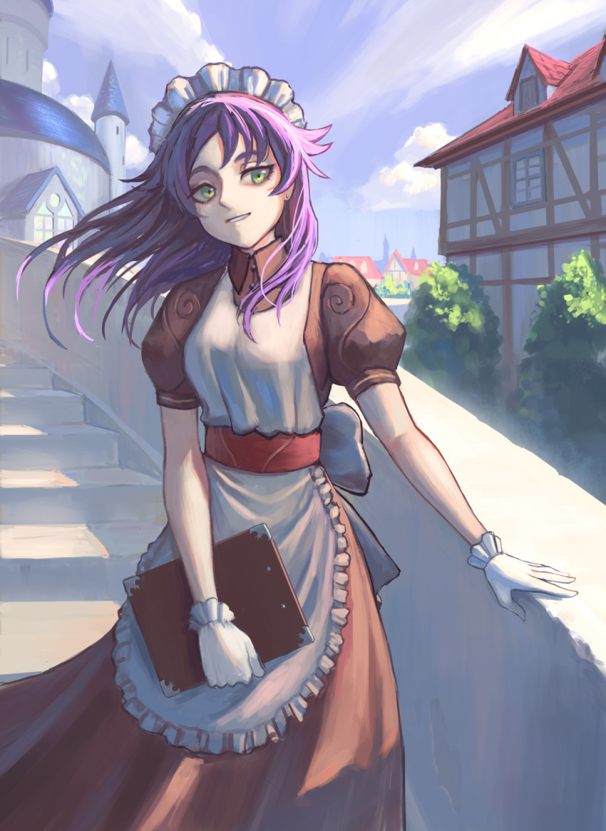 1girl, apron, blue_sky, breasts, brown_dress, building, castle, clipboard