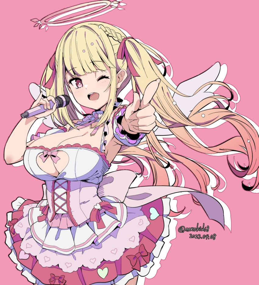 1girl, ;d, blonde_hair, braid, breasts, cleavage, clothing_cutout, commentary_request, dated, hair_ribbon, halo, heart_cutout, highres, holding, holding_microphone, indie_virtual_youtuber, kichihachi, large_breasts, long_hair, looking_at_viewer, microphone, nanami_meari, one_eye_closed, open_mouth, pink_background, pink_eyes, red_ribbon, ribbon, simple_background, smile, solo, twintails, twitter_username, virtual_youtuber, white_wings, wings