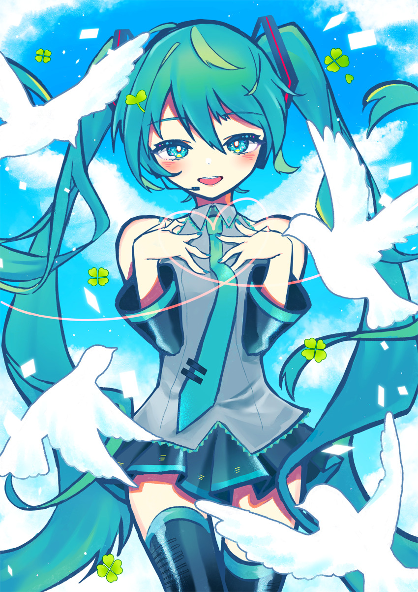 1girl, :d, aqua_eyes, aqua_hair, bird, blush, clover, cowboy_shot, detached_sleeves, dove, four-leaf_clover, hair_ornament, hands_on_own_chest, hatsune_miku, highres, long_hair, looking_at_viewer, monitaros_393, nail_polish, necktie, open_mouth, outdoors, sky, smile, solo, thighhighs, twintails, very_long_hair, vocaloid, wings