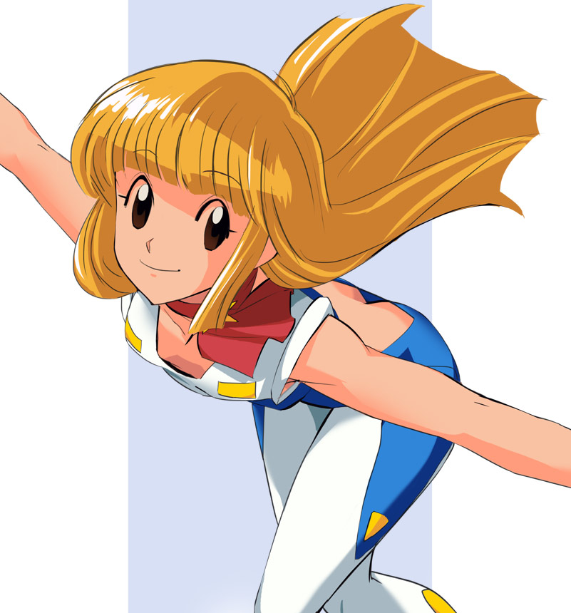 1girl, ascot, ass, ass_cutout, assemble_insert, blonde_hair, brown_eyes, closed_mouth, clothing_cutout, haruyama_kazunori, long_hair, looking_at_viewer, namikaze_maron, retro_artstyle, smile, solo