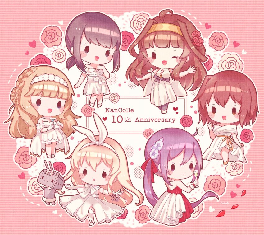 6+girls, ahoge, akebono_(12th_anniversary)_(kancolle), akebono_(kancolle), anniversary, black_hair, blonde_hair, blue_eyes