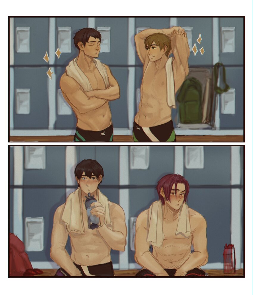 4boys, abs, arms_up, bag, bara, bench, black_male_swimwear, blush, free!, highres, juni_(iloveyouapollo), legskin, locker, locker_room, male_focus, male_swimwear, matsuoka_rin, multiple_boys, nanase_haruka_(free!), navel, nipples, pectorals, sequential, short_hair, sideburns, sitting, sparkle, staring, stomach, tachibana_makoto, toned, toned_male, topless_male, towel, towel_around_neck, yamazaki_sousuke, yaoi