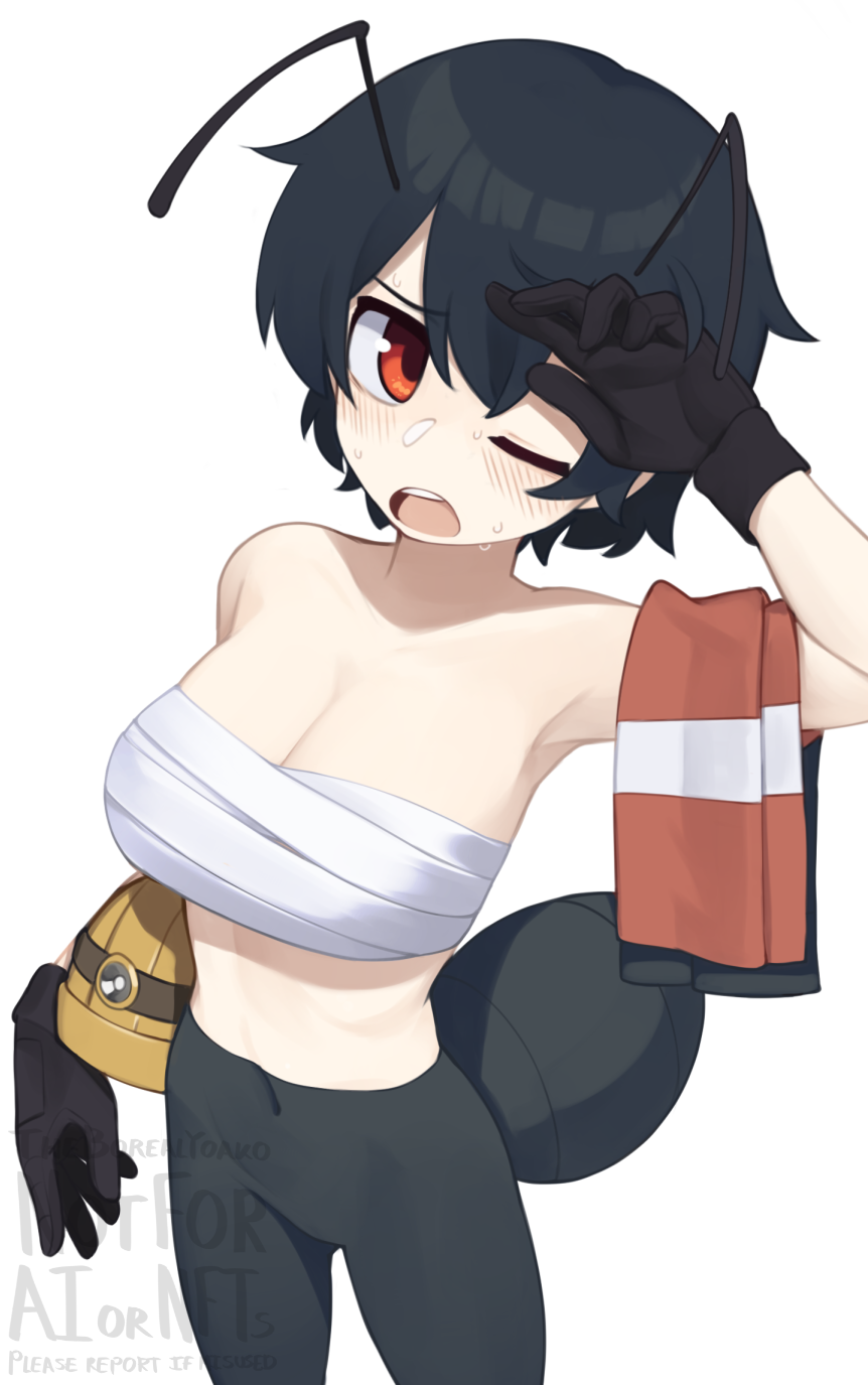 1girl, ;o, activity_ant_(gomulgong), ant_girl, antennae, arthropod_girl, artist_name, bare_arms, bare_shoulders, black_gloves, black_hair, black_pants, blush, borrowed_character, breasts, chest_sarashi, commentary, english_commentary, gloves, hair_between_eyes, hand_up, hard_hat, helmet, highres, large_breasts, looking_at_viewer, no_shirt, one_eye_closed, open_mouth, original, pants, red_eyes, sarashi, short_hair, simple_background, solo, sweat, towel, towel_on_arm, watermark, white_background, yoako