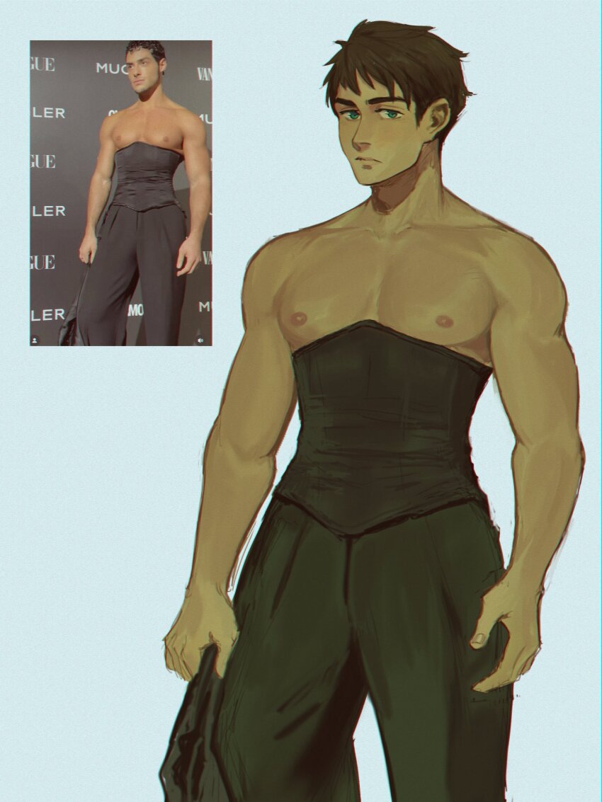 1boy, bara, bare_arms, bare_pectorals, blush, feet_out_of_frame, free!, highres