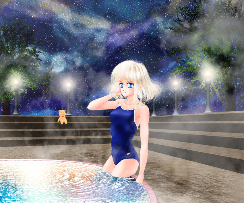 1girl, blue_eyes, female_focus, highres, one-piece_swimsuit, onsen, original, outdoors