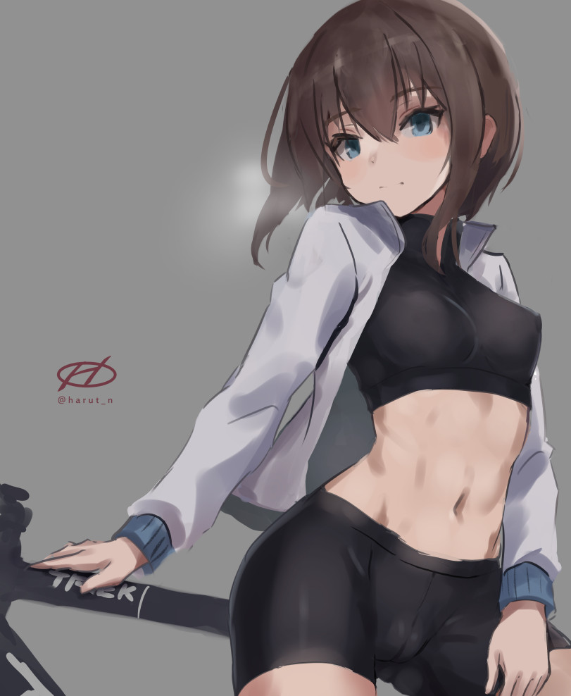 1girl, bike_shorts, blue_eyes, breasts, brown_hair, cameltoe, cowboy_shot, hair_between_eyes, haruto_(harut_n), jacket, kantai_collection, long_sleeves, looking_at_viewer, short_hair, simple_background, small_breasts, smile, solo, taihou_(kancolle), taut_clothes, white_jacket