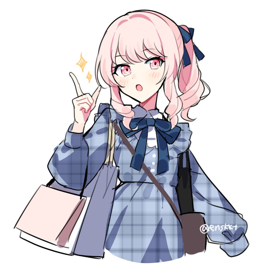 1other, :o, akiyama_mizuki, androgynous, bag, blush, dress, hair_ribbon, immiscible_discord_(project_sekai), looking_afar, pink_eyes, pink_hair, plaid_clothes, plaid_dress, pointing, pointing_up, project_sekai, ribbon, shopping_bag, side_ponytail, sidelocks, simple_background, sparkle, twitter_username, upper_body, waka_(wk4444), white_background
