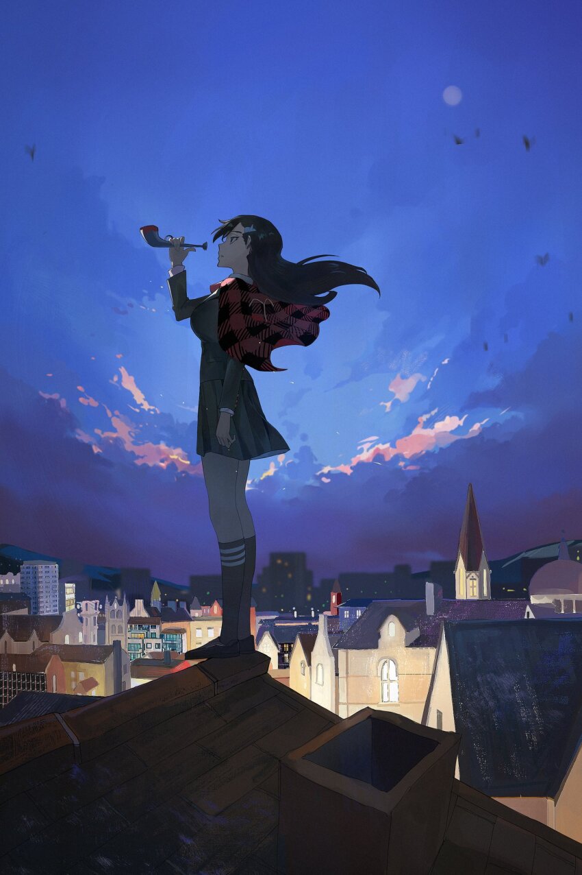 1girl, black_hair, black_socks, burn_the_witch, capelet, cloud, cloudy_sky, dusk